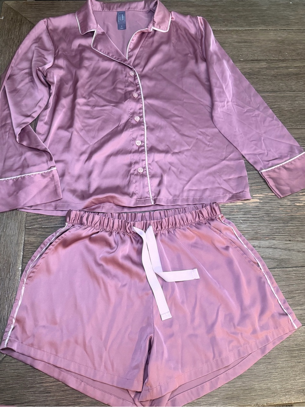 Auden Satin Pajama Set in Mauve Pink with Contrast Piping